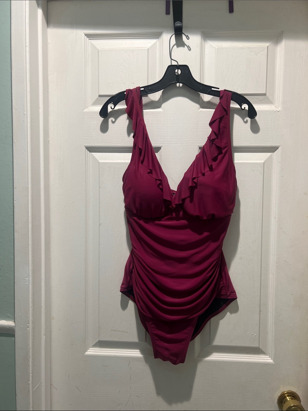 DKNY Magenta Ruffled One-Piece Swimsuit - Picture 1 of 12